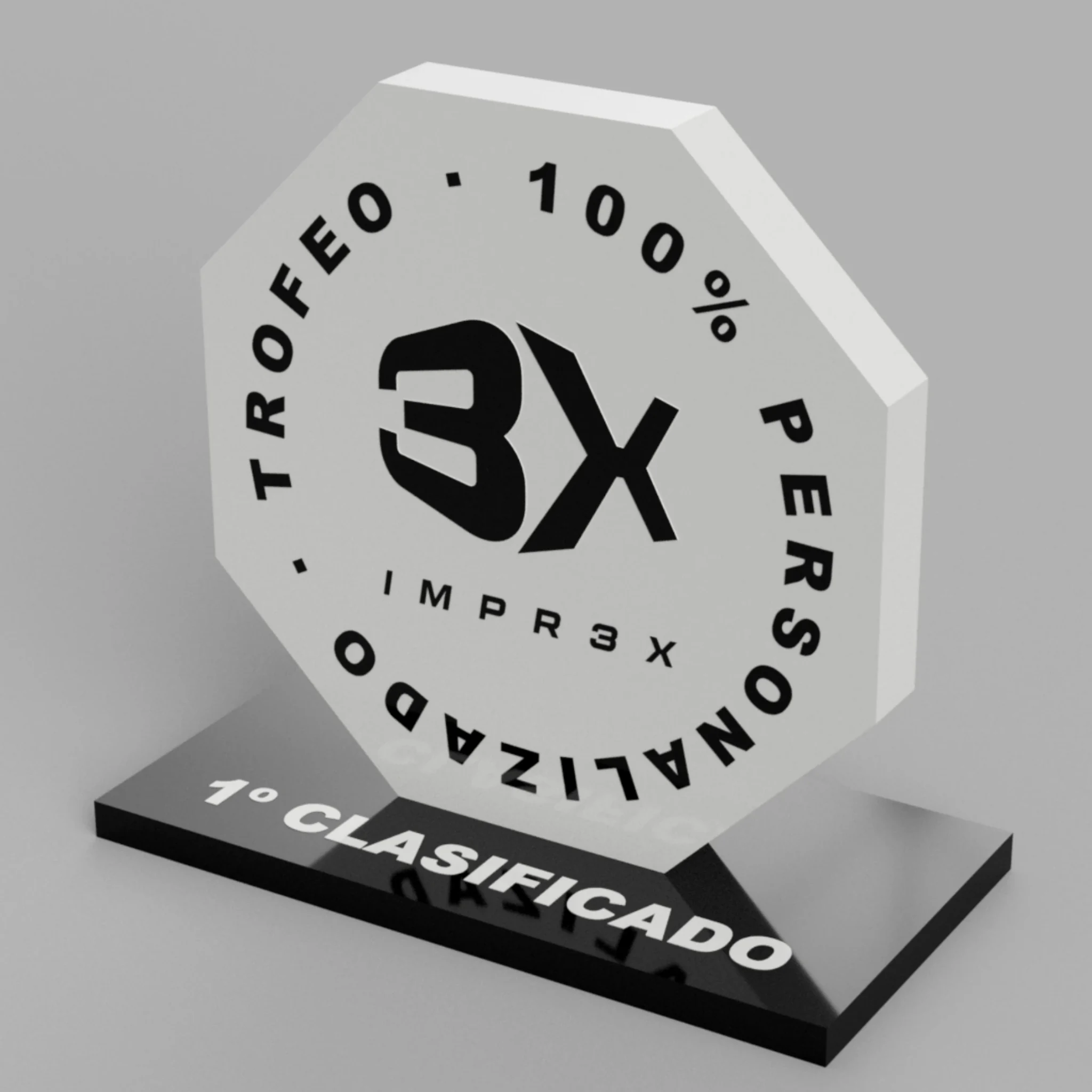 Trofeo octogonal personalizado blanco y negro